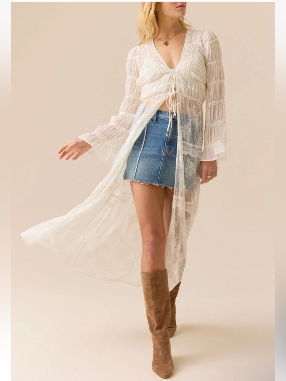 Altar'd State Bohemian Cream Lace Tie-Front Long Sleeve Duster NWT Size XS
